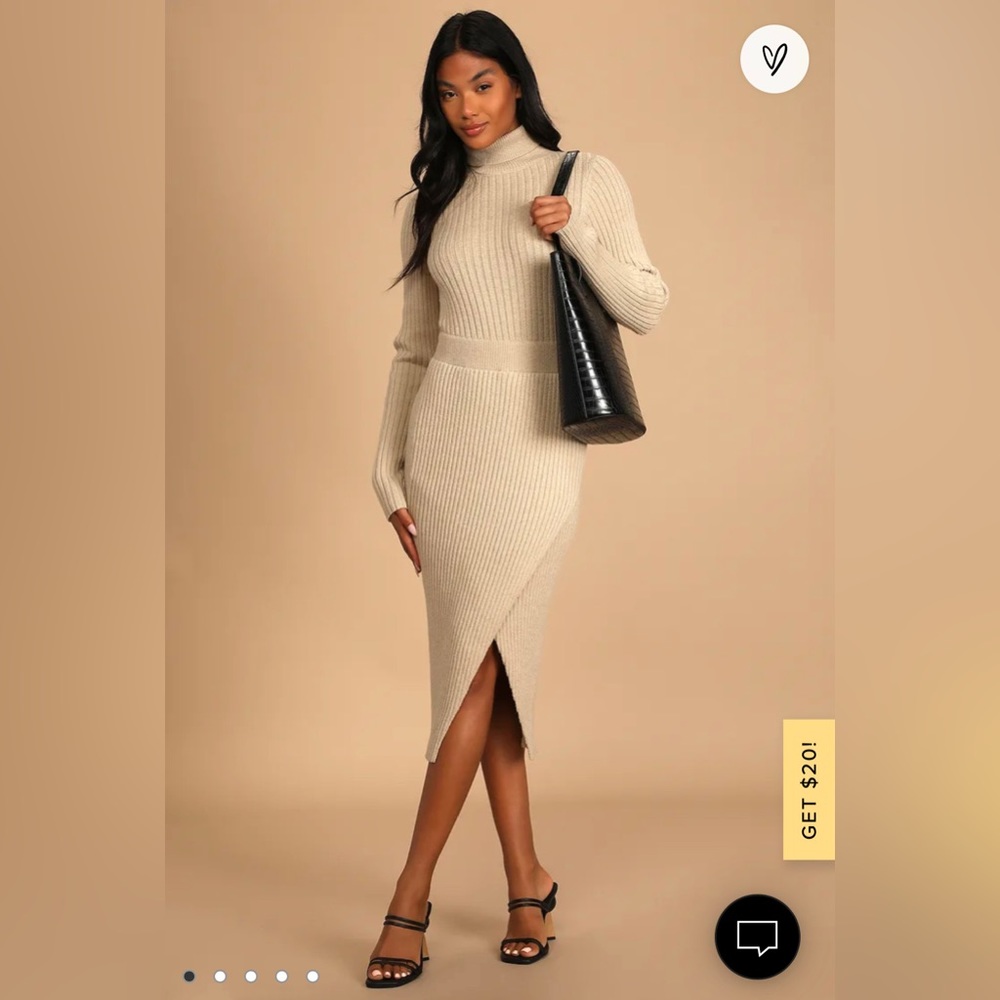 Lulus beige ribbed turtleneck midi sweater dress